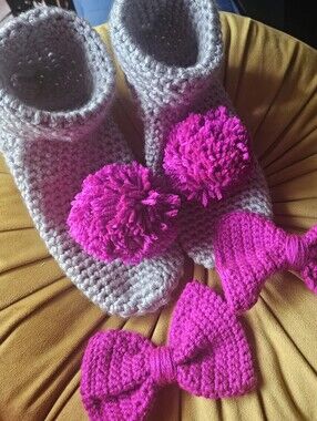 Handmade Crochet Slippers 8/8.5 ● Ready to Ship Custom Pom-Poms & Bows